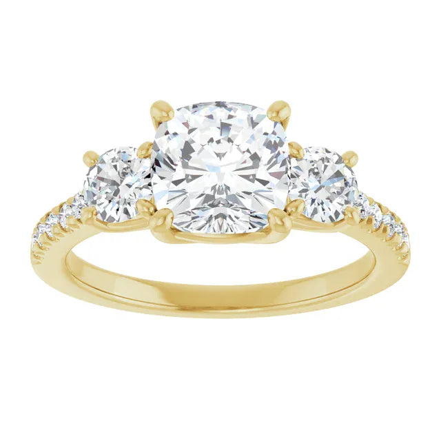The Iconic 3-Stone Pavé Engagement Ring | Cushion | 3 CTW