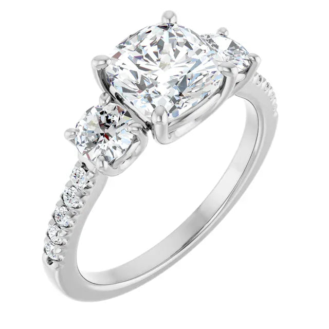 The Iconic 3-Stone Pavé Engagement Ring | Cushion | 3 CTW